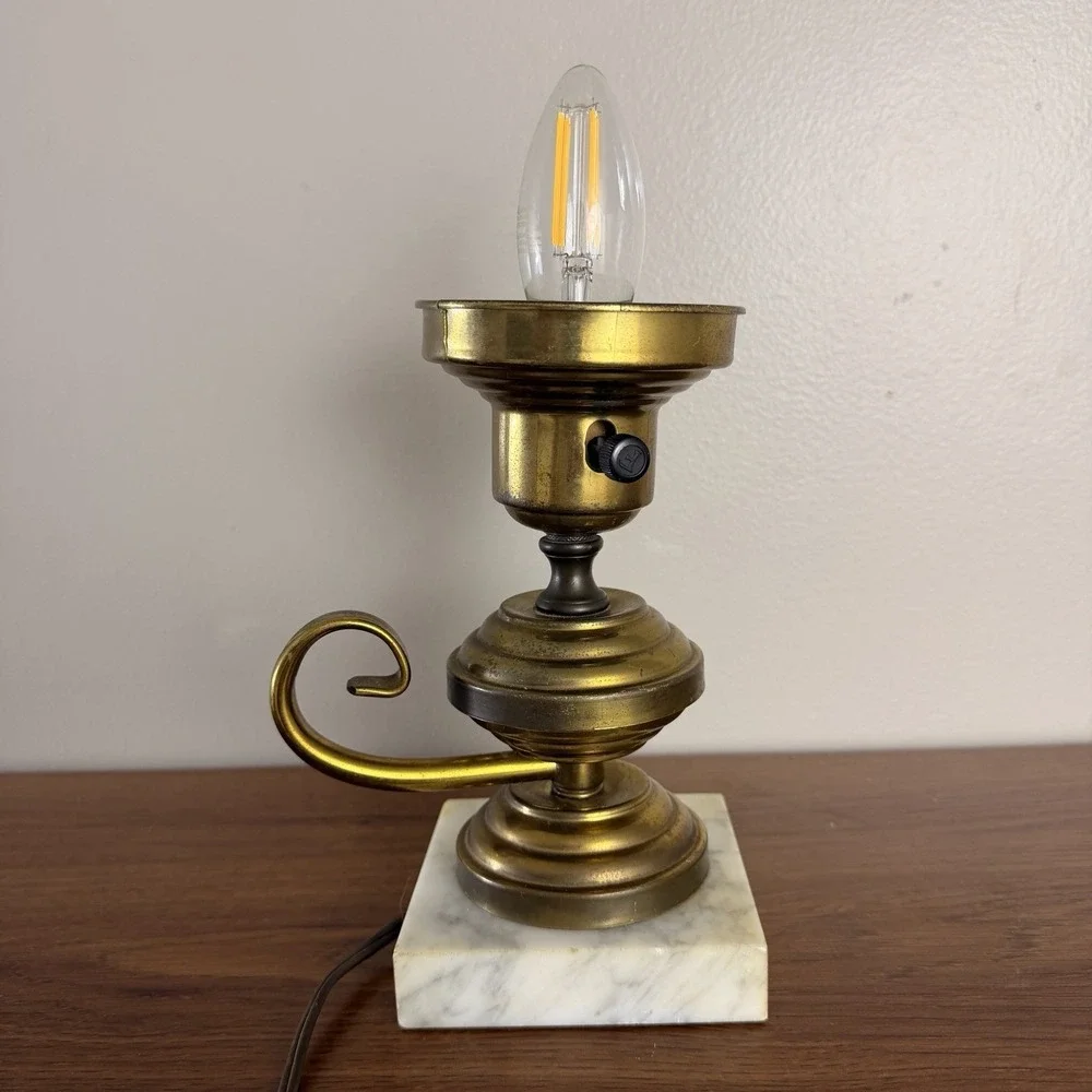 Vintage Brass Marble Table Lamp Candle Style Hollywood Regency Accent
